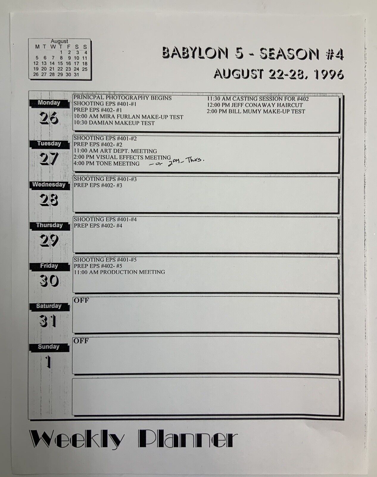 Babylon 5 Season 4 August 26 Through September 1 1996 Weekly Calendar Schedule