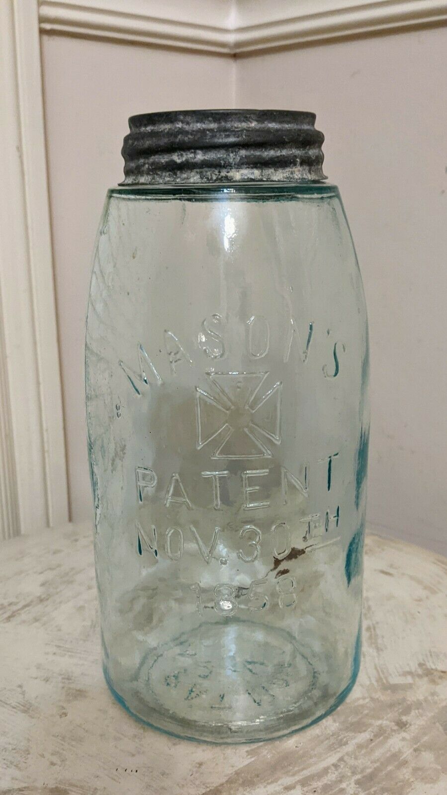 Mason's Patent Nov 30th 1858 Aqua Blue Glass Quart Jar (#254) + Zinc/glass Lid