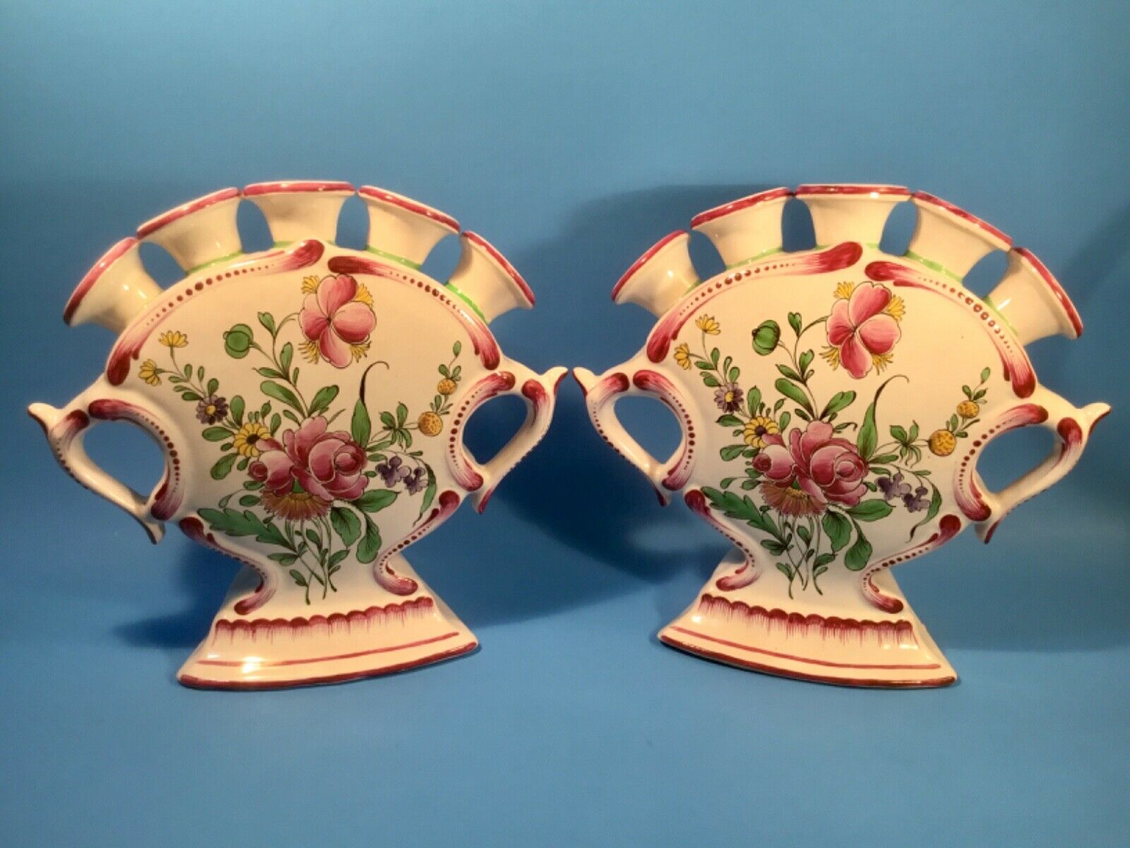 French Faience Vases Hand Painted Five Finger Vases c.1890-1920