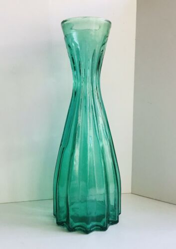 Vintage Mid Century Modern Teal Green Blue Ribbed Glass Vase 16” Tall
