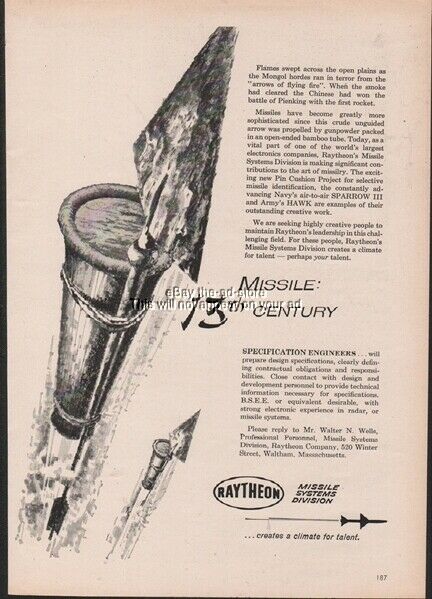 Raytheon Missile Systems Waltham Ma 13th Century Chinese Rockets 1960 Ad
