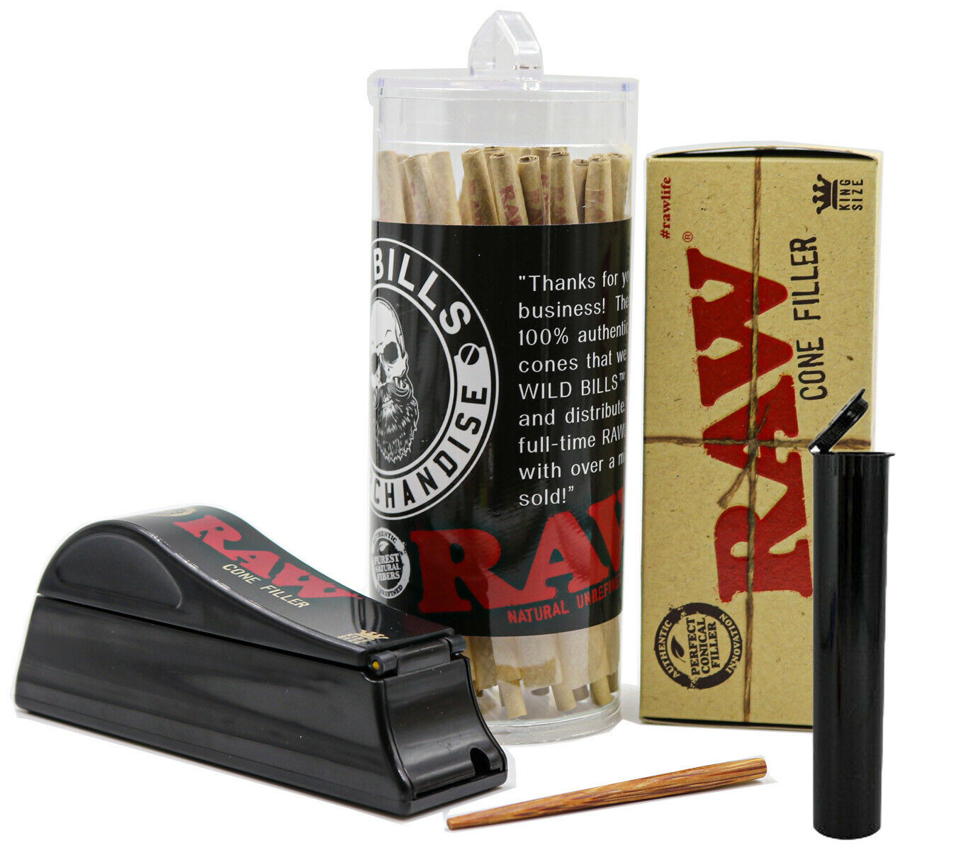 Raw King Size Pre-rolled Cones - (50 Pack With Cone Filler) + Sticks Free Tube