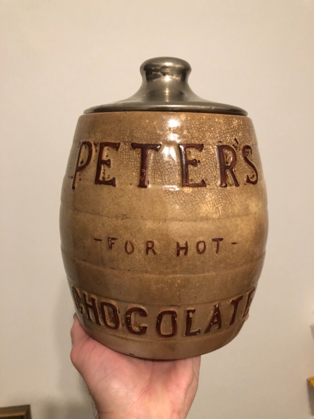 Vintage Rare Smallest Ceramic C.1930 "peter's For Hot Chocolate" Chocomalt Jar