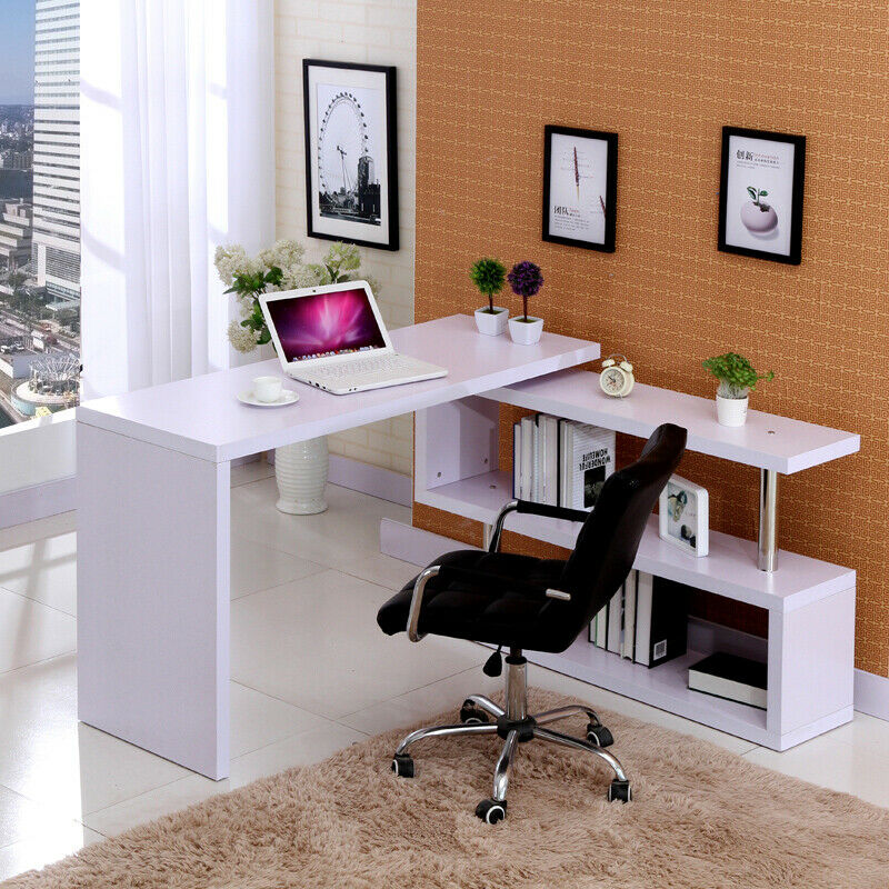 White Corner Computer Desk Rotating L Shape Gaming Study Pc Table Home Furniture