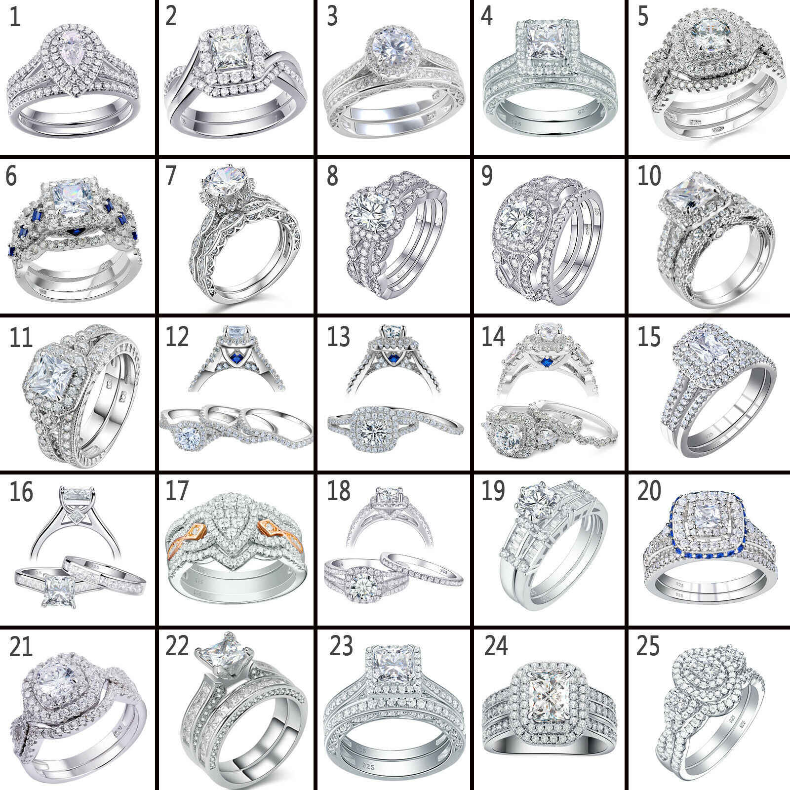 Newshe Wedding Band Engagement Ring Set 925 Sterling Silver Round Princess CZ