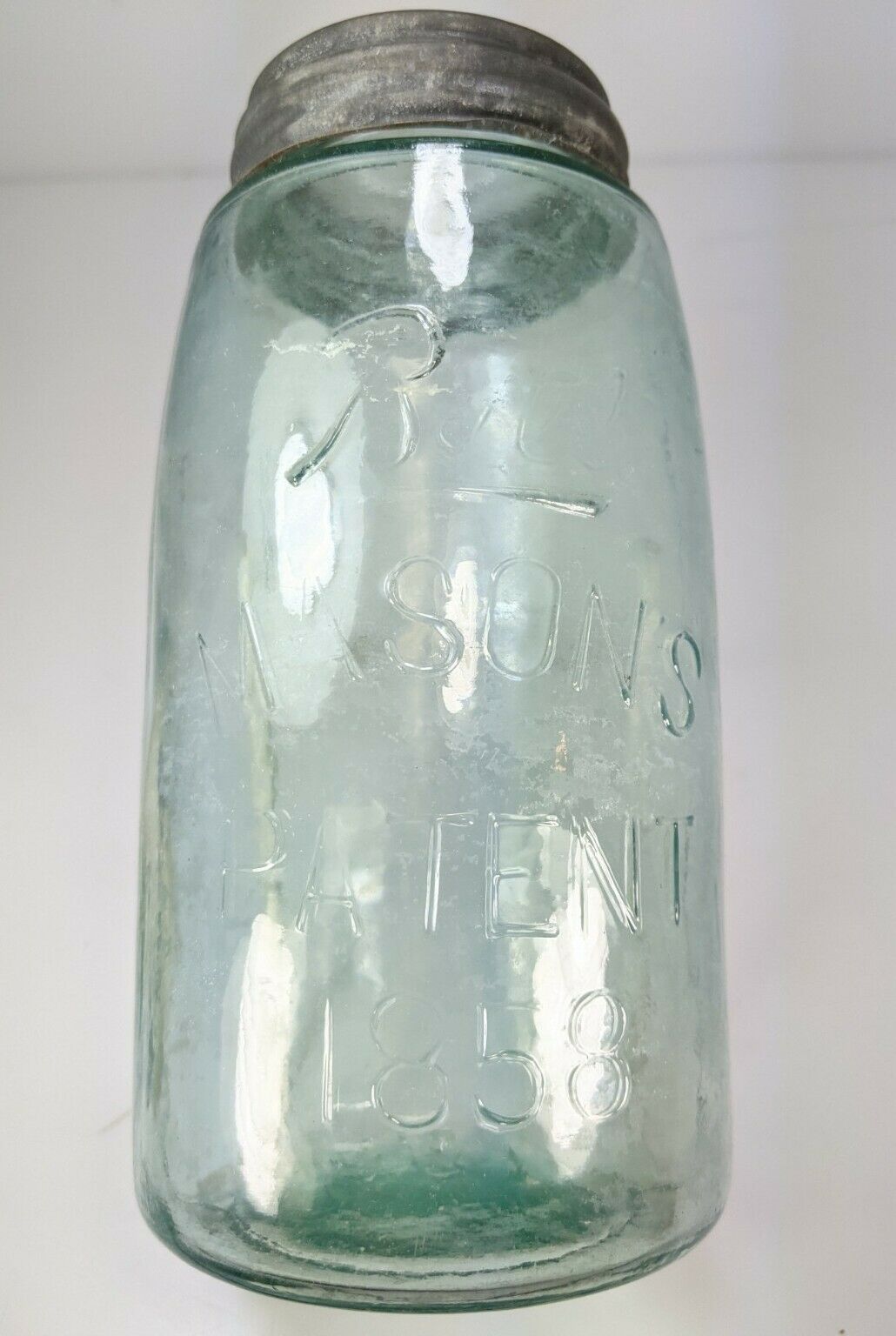 1895-1896 Quart Mason Fruit Jar 1st Ball Script Logo Aqua Patent 1858 Antique Qt