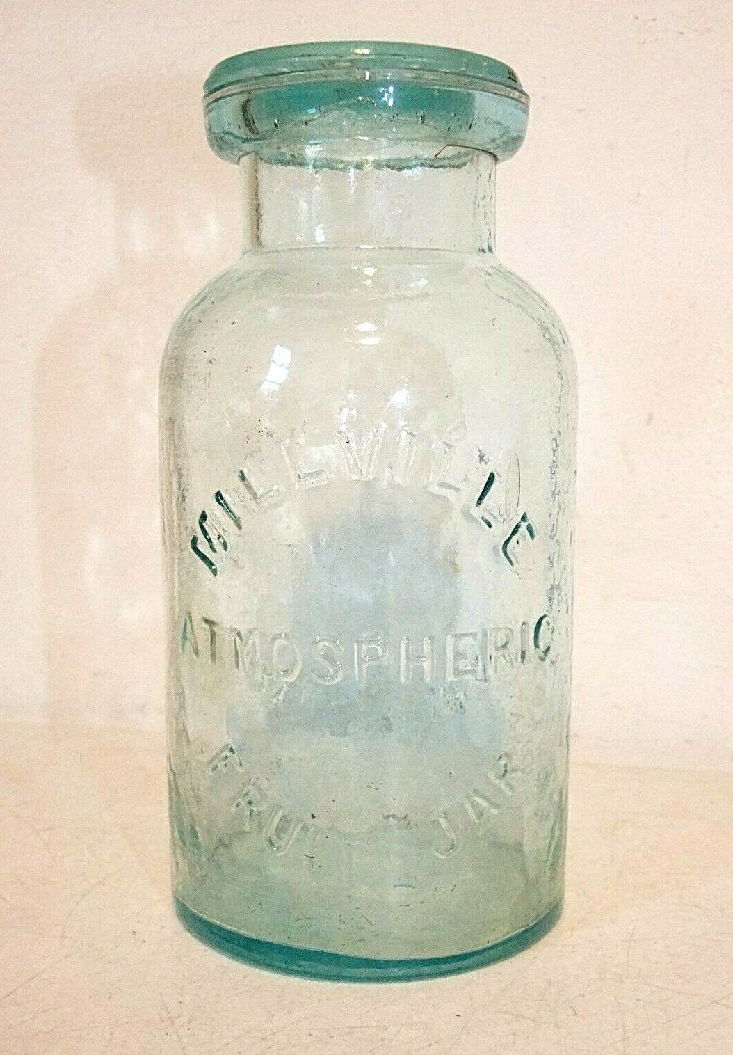 Millville Atmoshperic Fruit Jar Whitall's Patent June 18 1861, Quart W/glass Lid