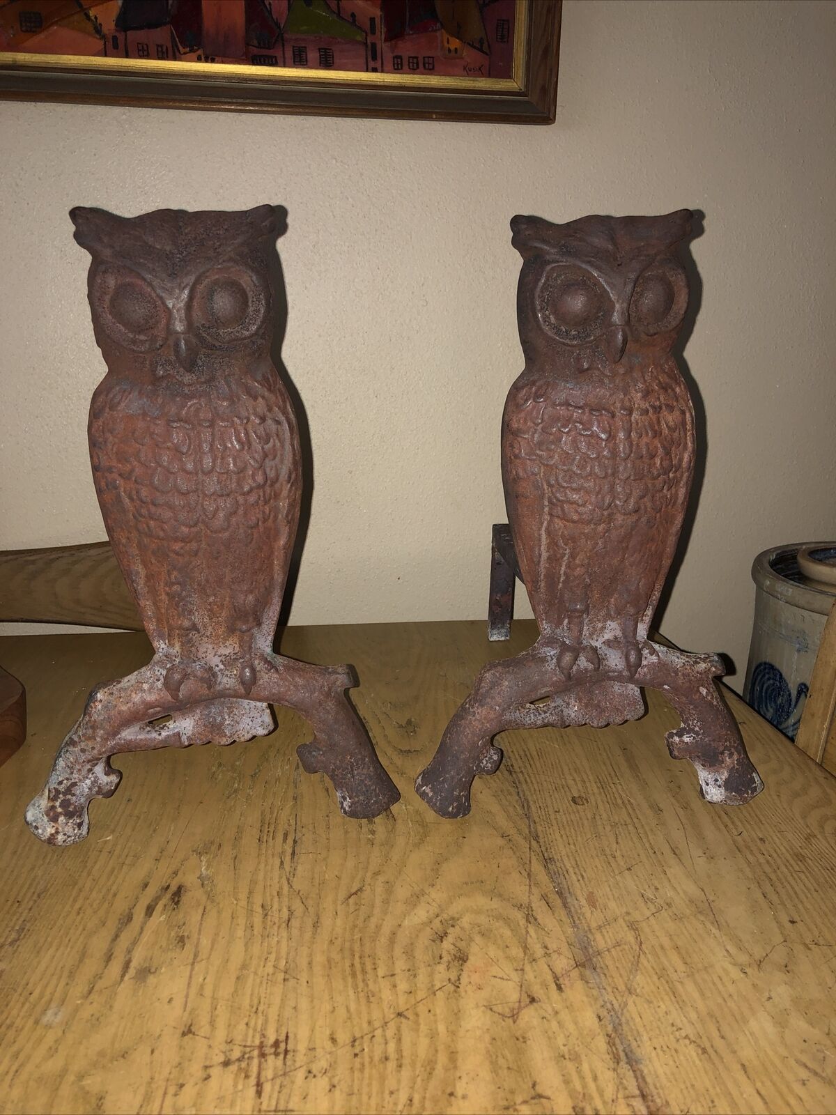 Vintage Standing Owls On Branches Andirons Fireplace Cast Iron Fire Dogs