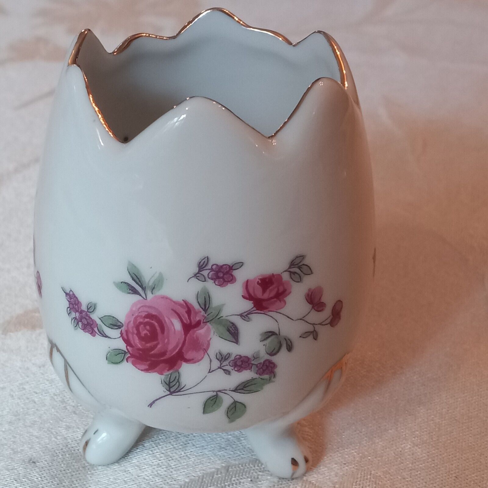 Rose Floral Cracked Egged Vase Decor Footed Made in Japan