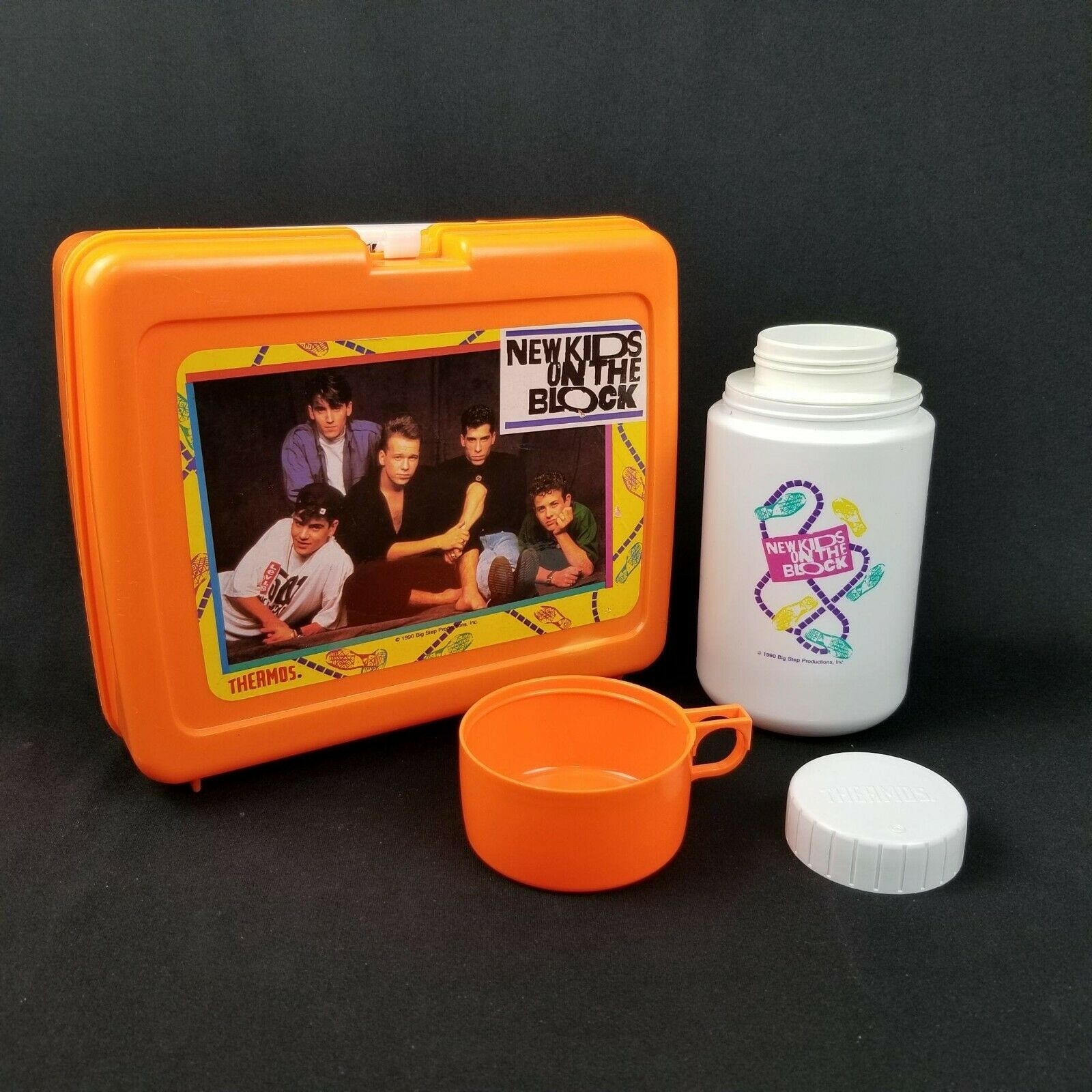 1990 Nkotb New Kids On The Block Bright Orange Lunch Box & Thermos Plastic Box
