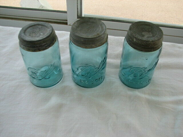 Lot Of 3  Antique Blue Glass Ball Mason "pint" Sloped Canning Jar's Zinc Lid's