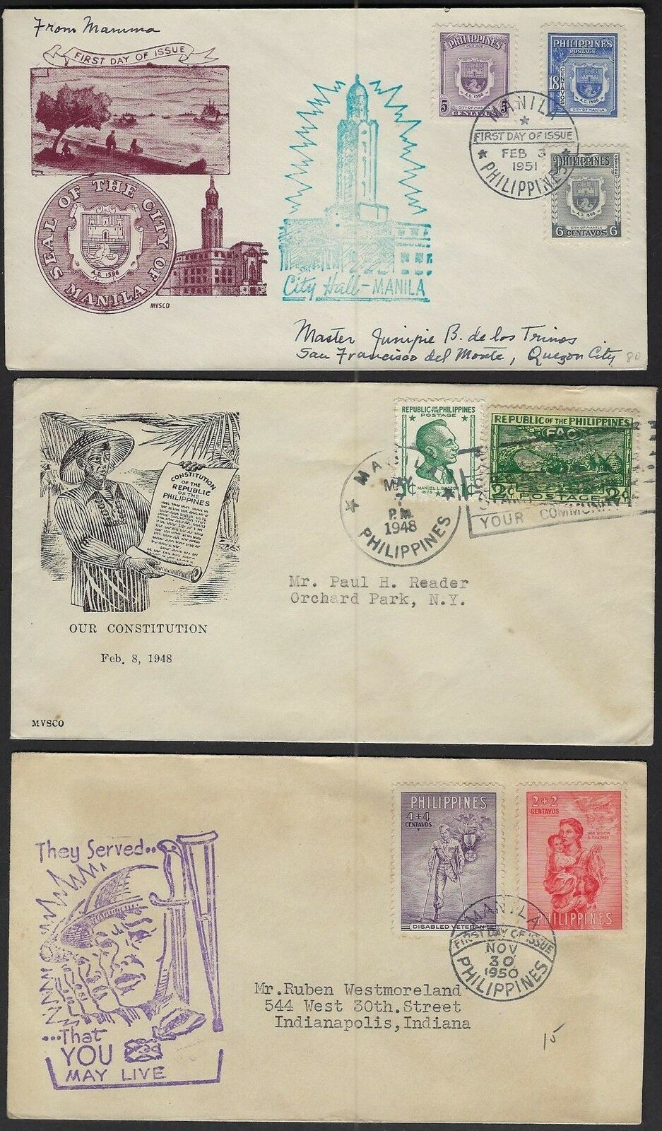 PHILIPPINES 1940s 60s COLLECTION OF 9 FDCs INCLUDING ANNIV OF FIRST POSTAGE STAM