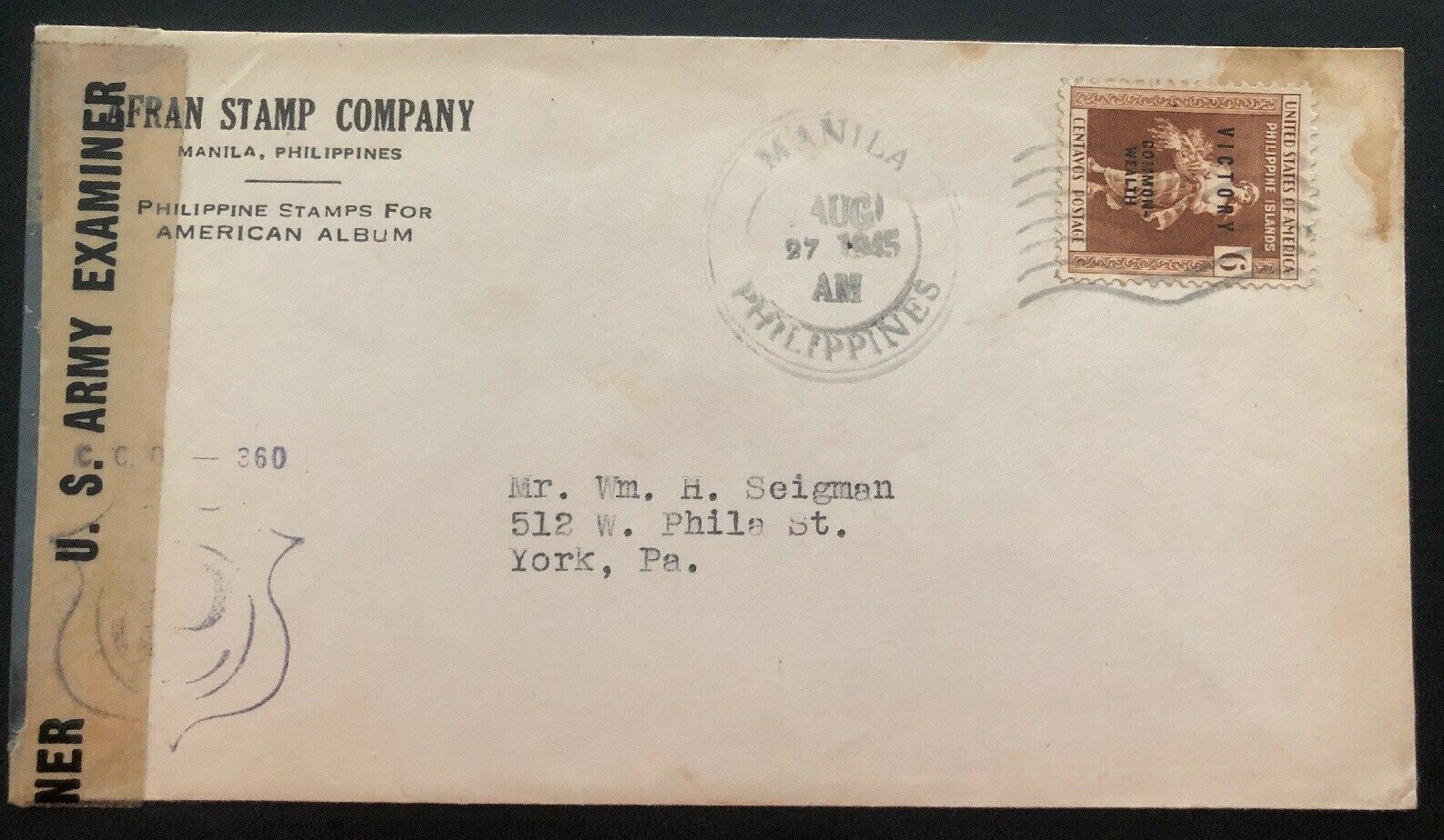 1945 Manila Philippines Afran Stamp Co Censored Cover To York PA Usa