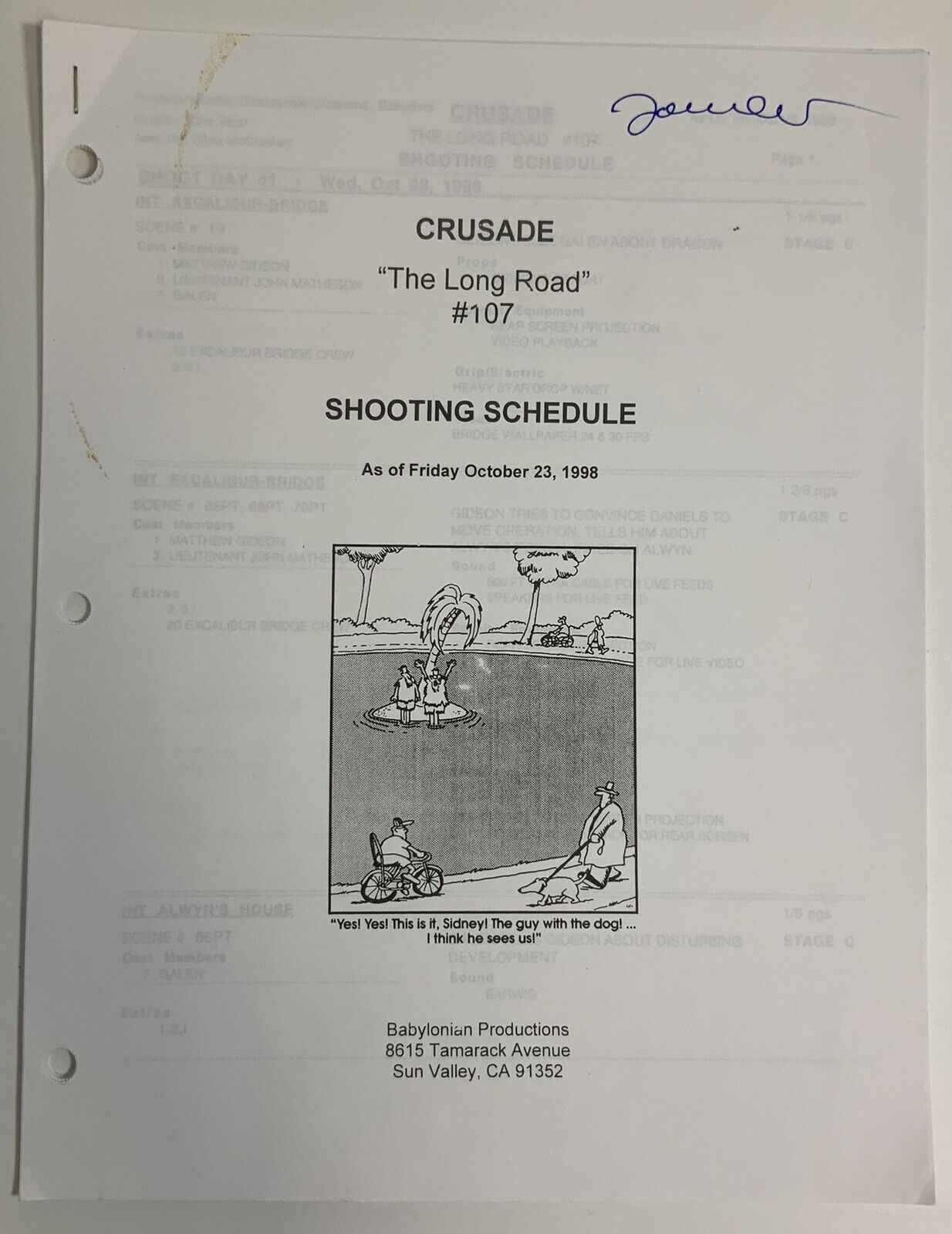 Babylon 5 Crusade The Long Road Show #107 Signed Shooting Schedule