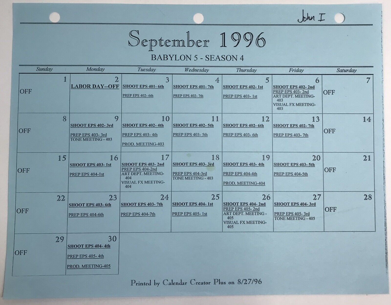 Babylon 5 Season 4 September 1996 Calendar Schedule