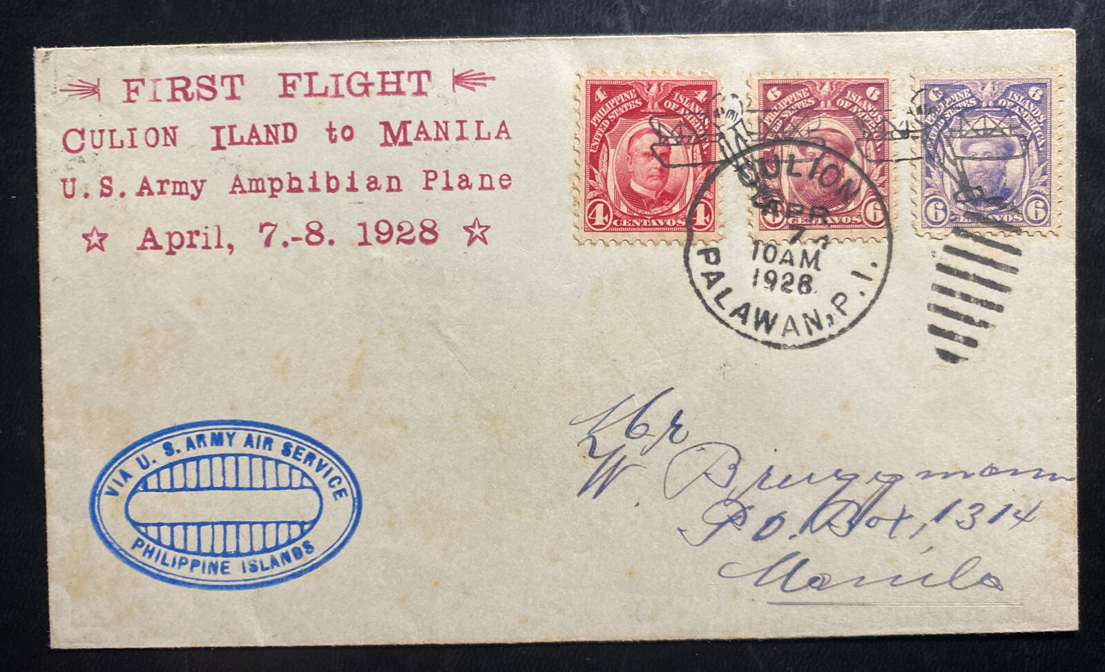 1928 Culion Philippines Airmail First flight Cover FFC To Manila Amphibian Plane