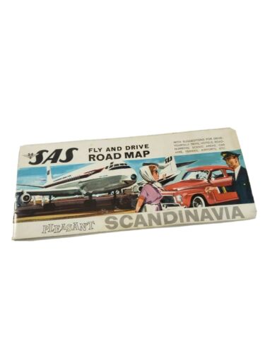 Sas Scandinavian Airlines Fly And Drive Road Map Scandinavia 1960's Vintage